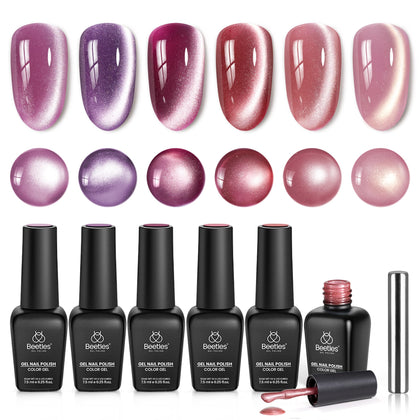 Beetles Gel Polish front packaging showing six magnetic cat eye bottles, clear kit overview.