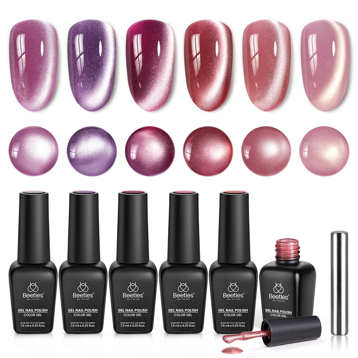 Beetles Gel Polish front packaging showing six magnetic cat eye bottles, clear kit overview.
