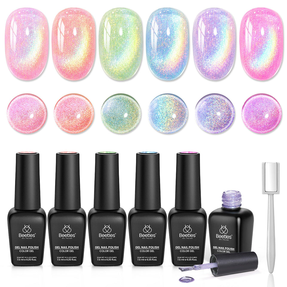 beetles front packaging showing six iridescent gel polishes and magnet for easy gifting