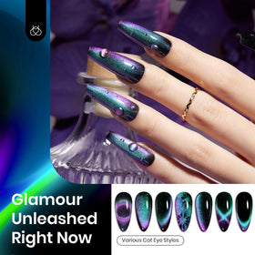 Beetles chrome finish on nails illustrating mirror shine and holographic depth