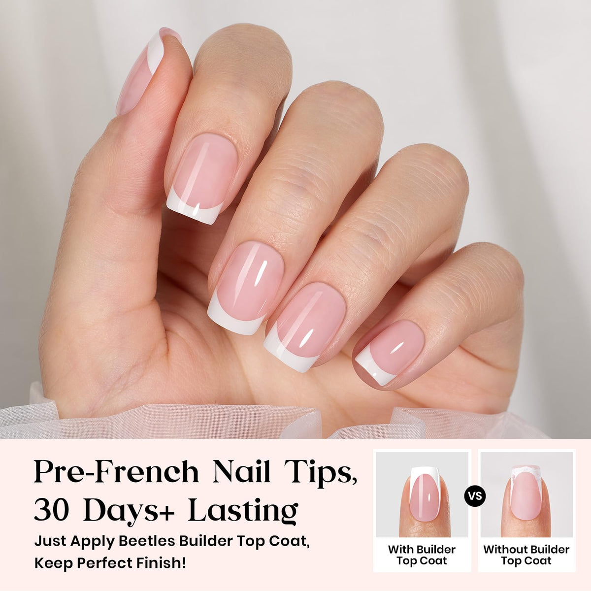 beetles close-up French tip detail highlighting precise pink gel finish and shine