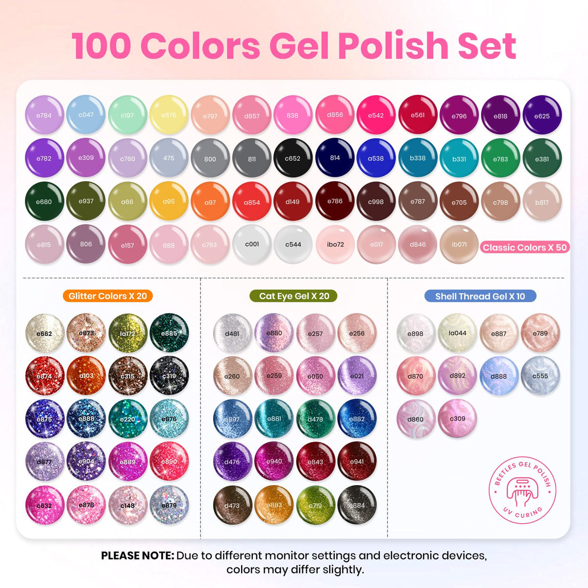 Beetles arranged 100 color swatches demonstrating seasonal shade variety for inspiration