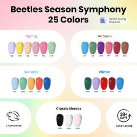 Beetles color array flatlay with 25 gel shades, showing palette variety