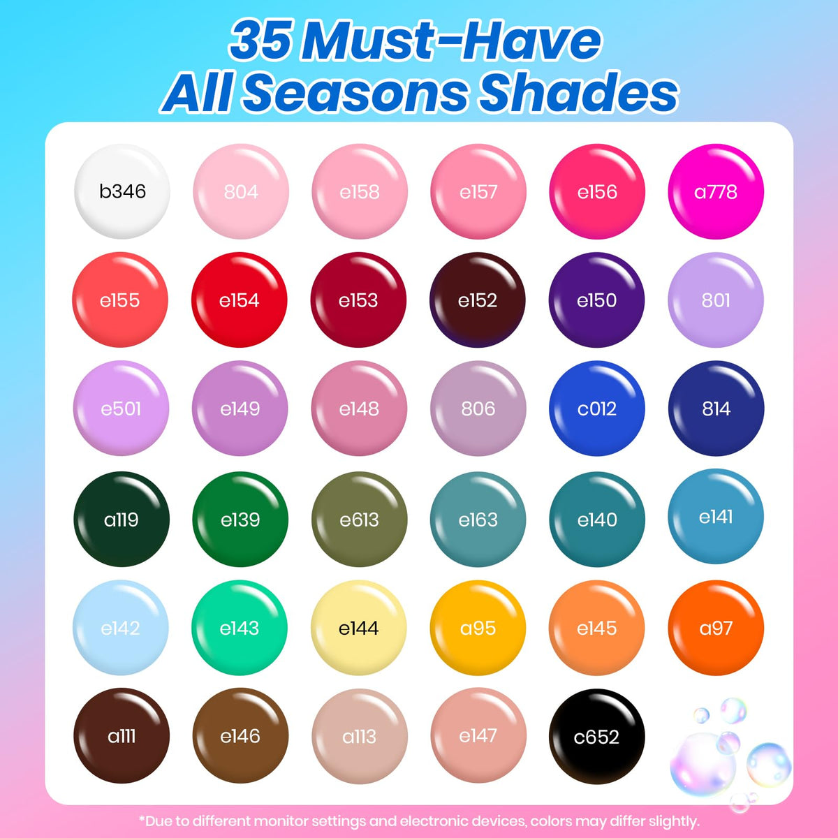 Beetles Gel Polish color array flatlay highlighting 35 vibrant shades for variety