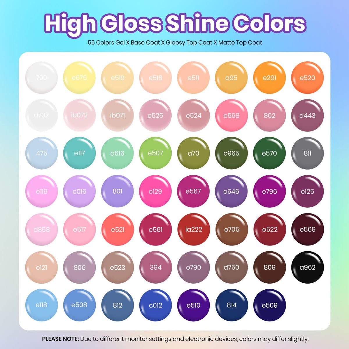 Beetles color array of open gel bottles displaying shade variety