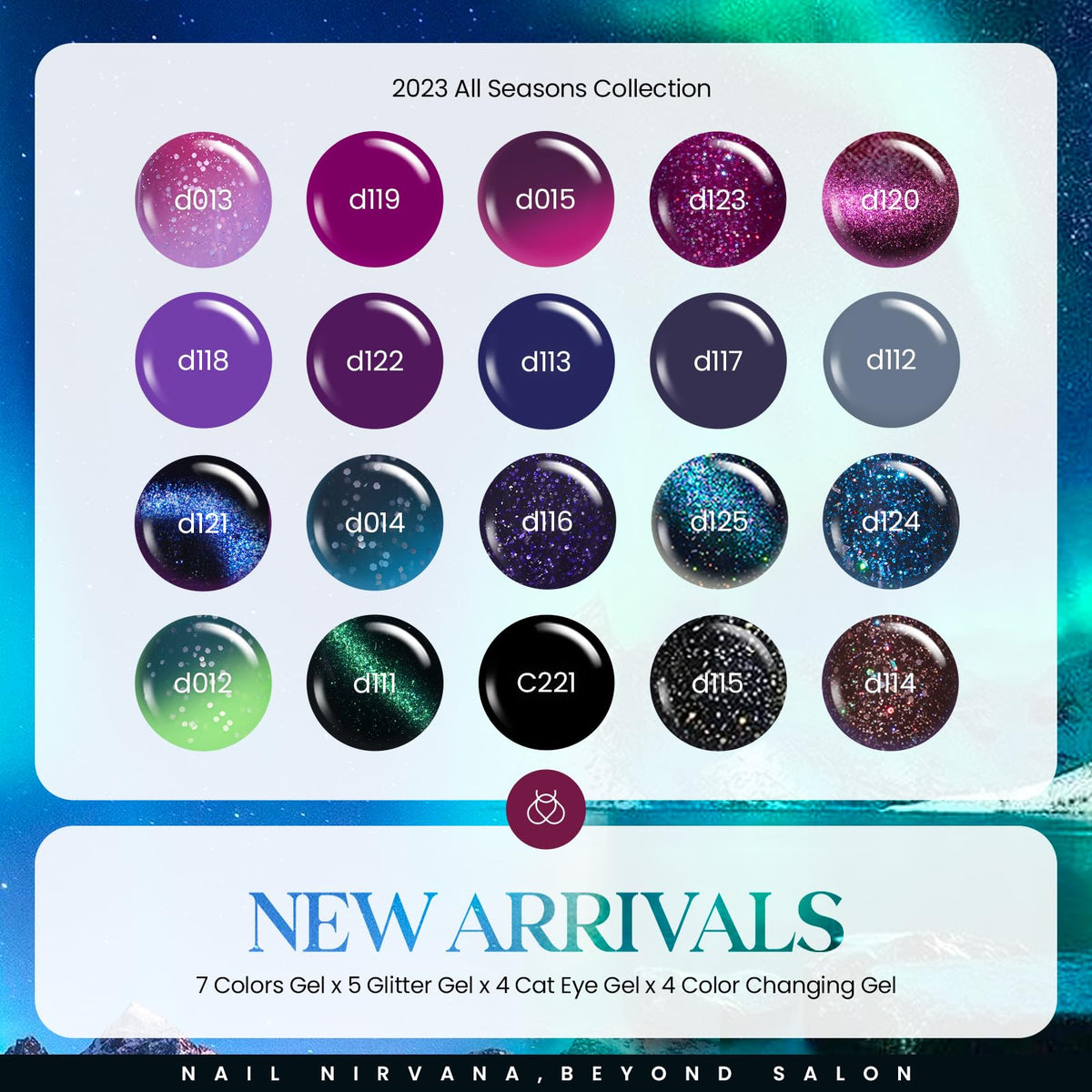 Beetles color array top view displaying 20 cat-eye glitter shades for selection
