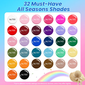beetles Gel Polish 32 color bottles lined up, showing shade variety and selection