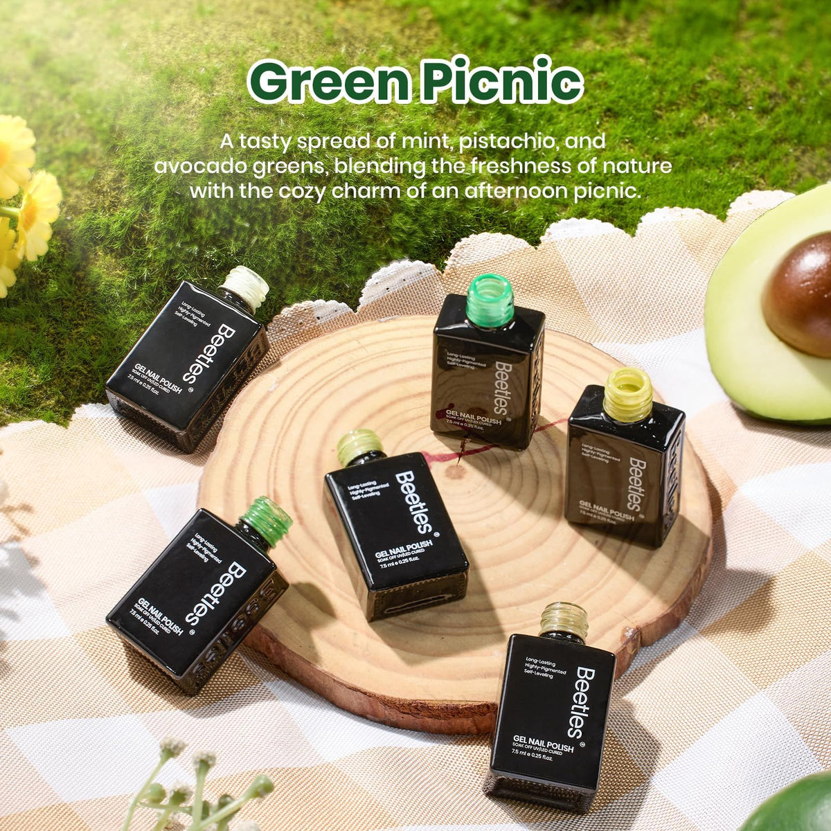 Beetles color swatch arrangement displaying six distinct green shades for styling ideas