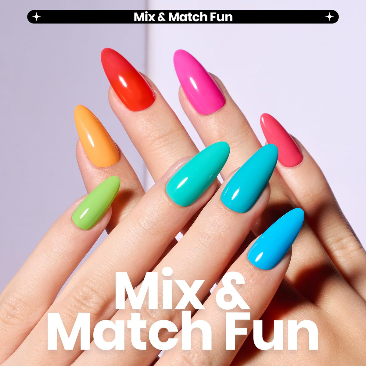 Beetles Gel Polish color swatch fan displaying all 12 neon shades to pick bold combinations