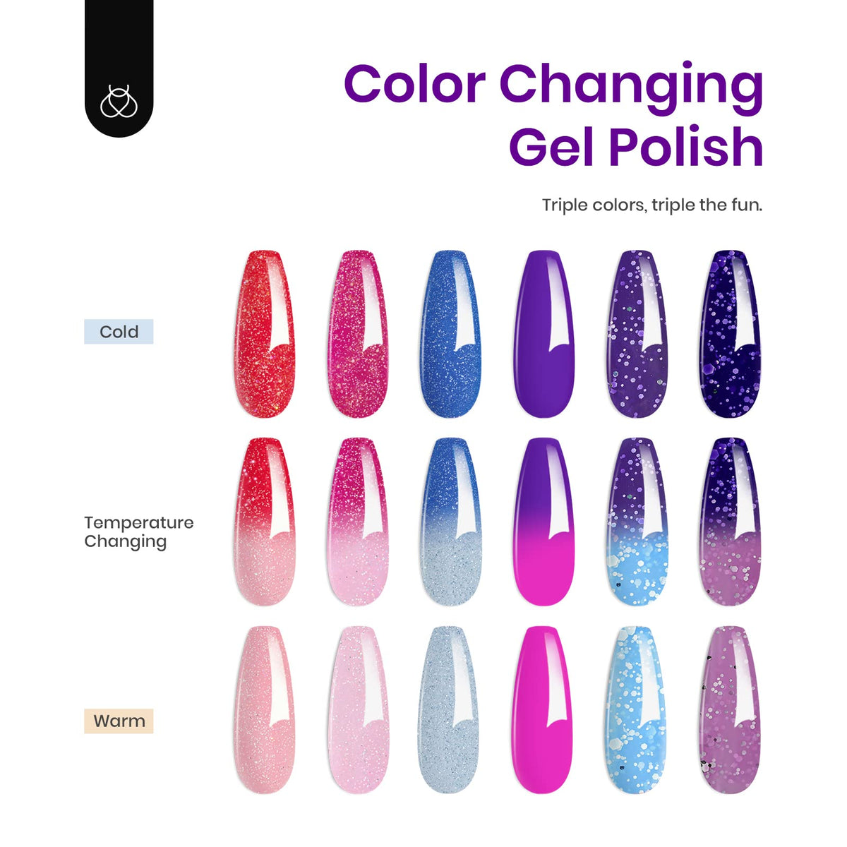 beetles gel polish color swatch wheel displaying all six mood-change shades for comparison