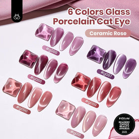 Beetles Gel Polish color lineup flat lay displaying six rose and purple shades for inspiration.