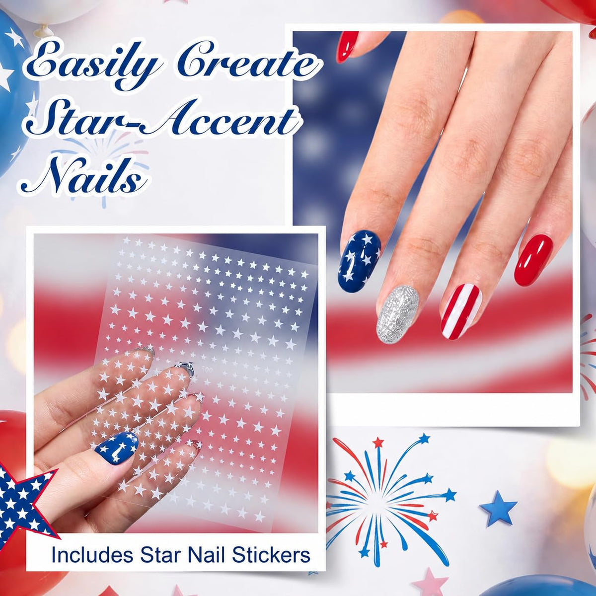 Beetles finished nails lifestyle shot indoors with mixed stripes and stars, festive long-lasting look benefit
