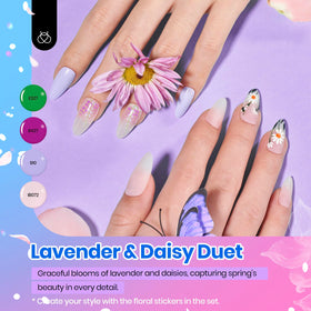 Beetles floral stickers applied on tips demonstrating quick nail art and decorative benefit