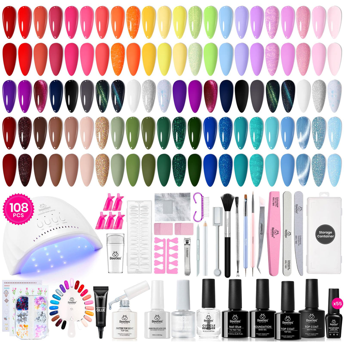 beetles gel polish front of packaging showing full 108-piece kit and color range benefit