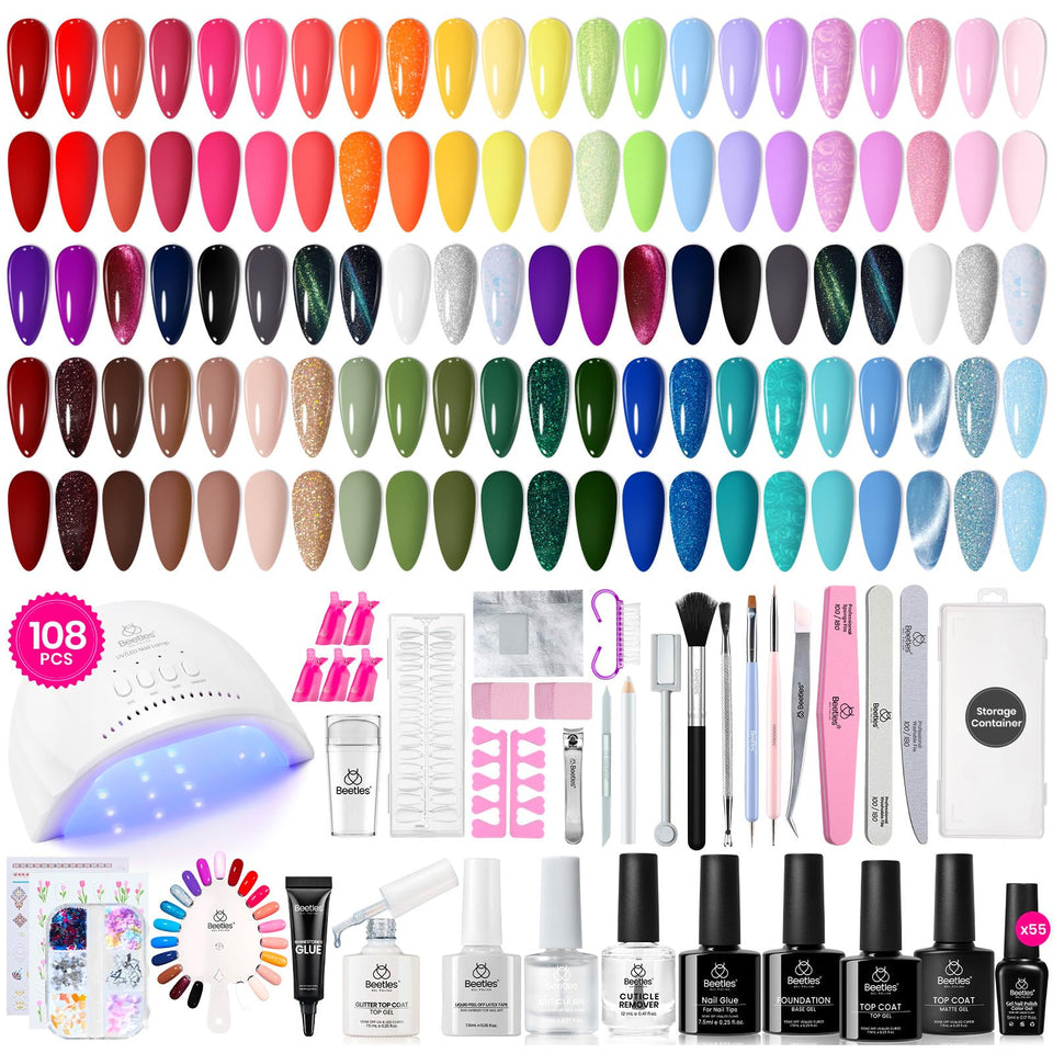 beetles gel polish front of packaging showing full 108-piece kit and color range benefit