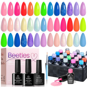 Beetles front packaging showing 20-color neon and glitter gel kit benefits