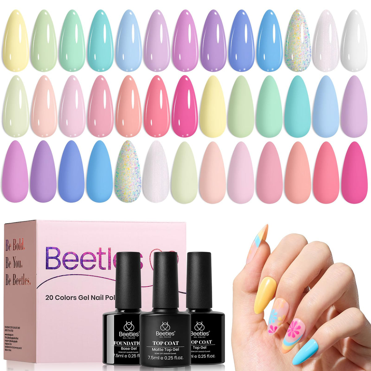 Beetles front packaging showing 20 pastel gel polish bottles and base/top coats for a complete kit