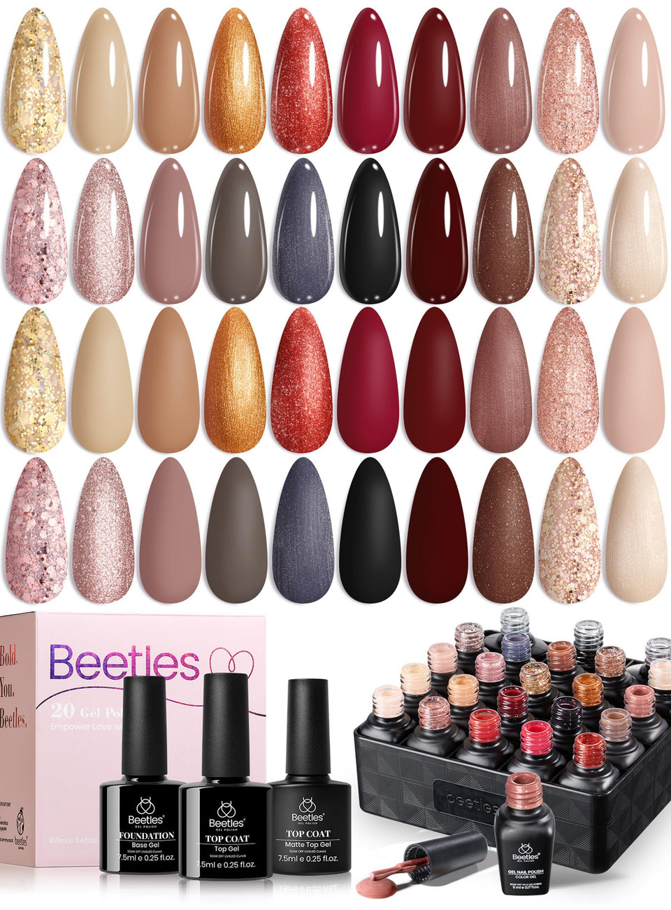 beetles front packaging showing all 20 bottles and box, clear organization benefit