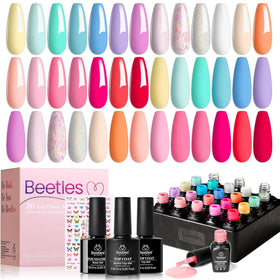 beetles Gel Polish front packaging showing 20 pastel mini bottles and base/top coats for variety
