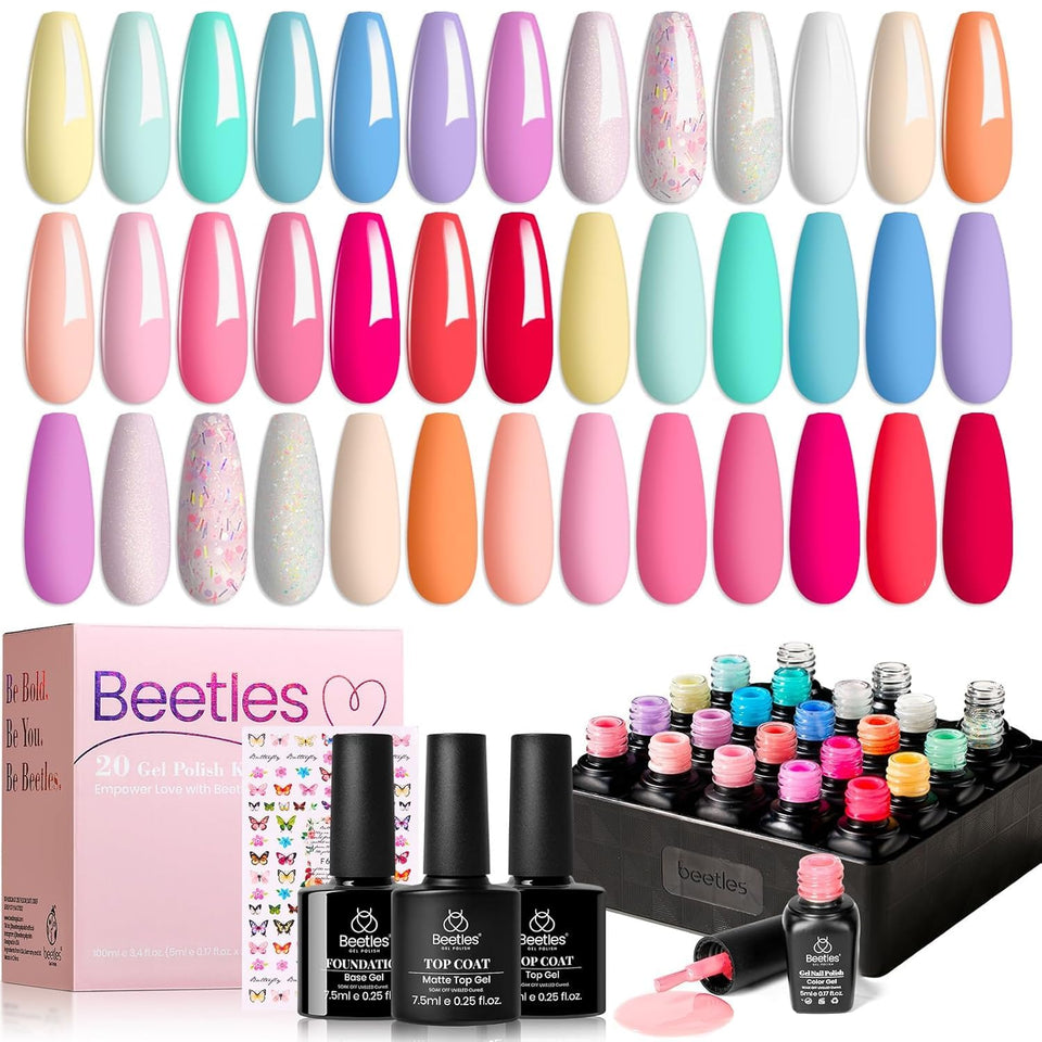 beetles Gel Polish front packaging showing 20 pastel mini bottles and base/top coats for variety