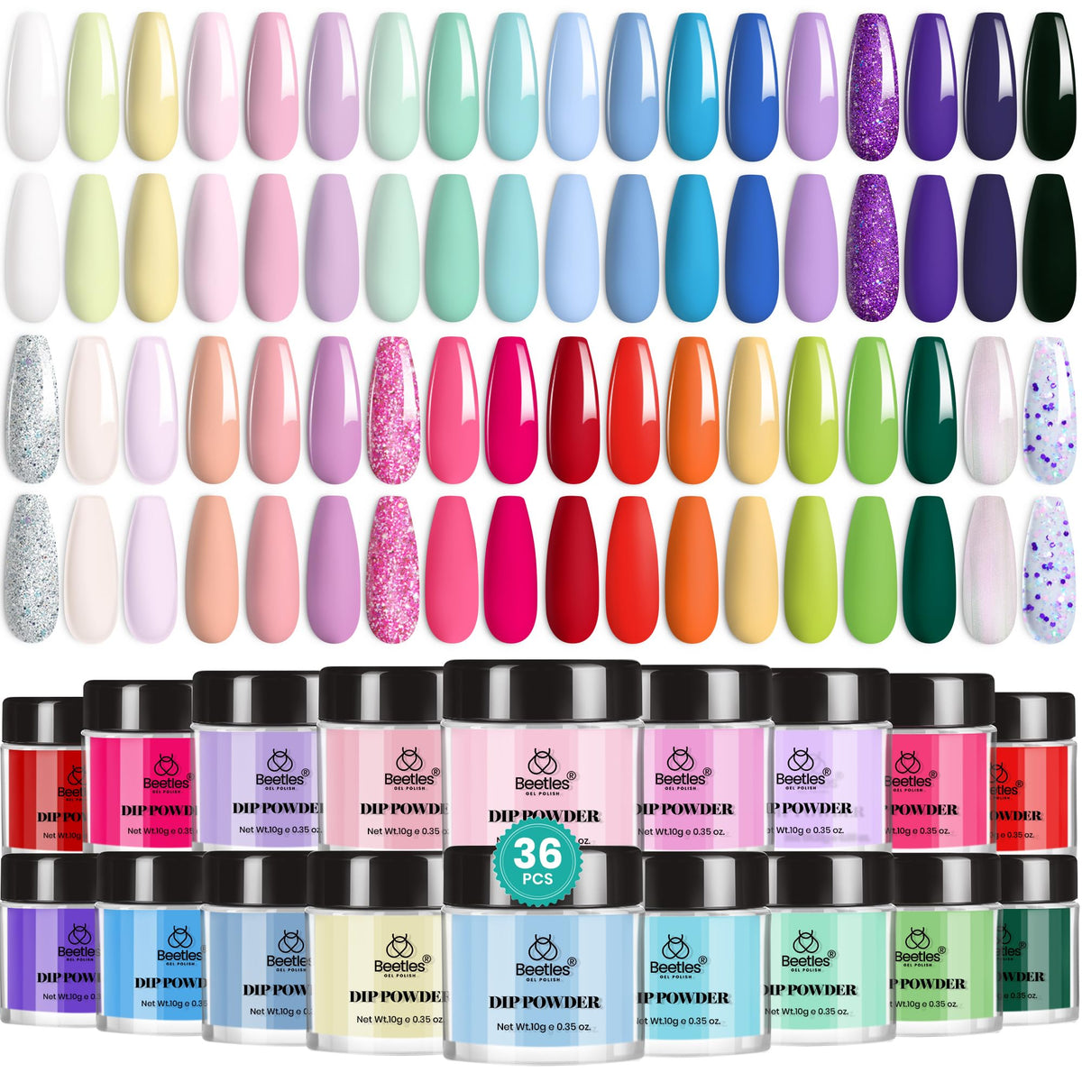 beetles front packaging displaying 36 jars and variety of colors, shows complete kit