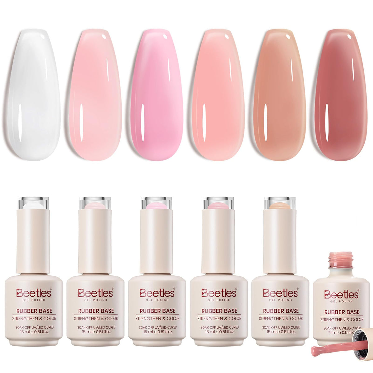 Beetles front packaging showing six 15ml bottles and nude shades, clear product set benefit
