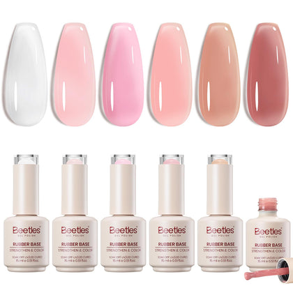 Beetles front packaging showing six 15ml bottles and nude shades, clear product set benefit