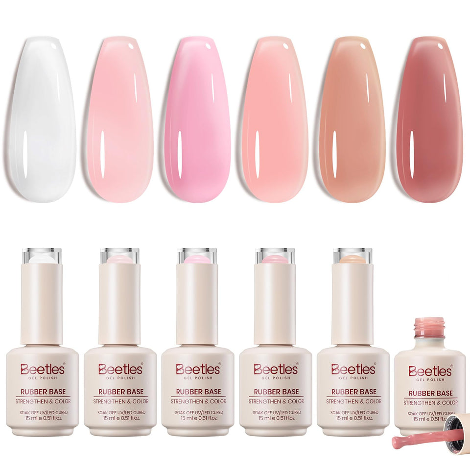 Beetles front packaging showing six 15ml bottles and nude shades, clear product set benefit