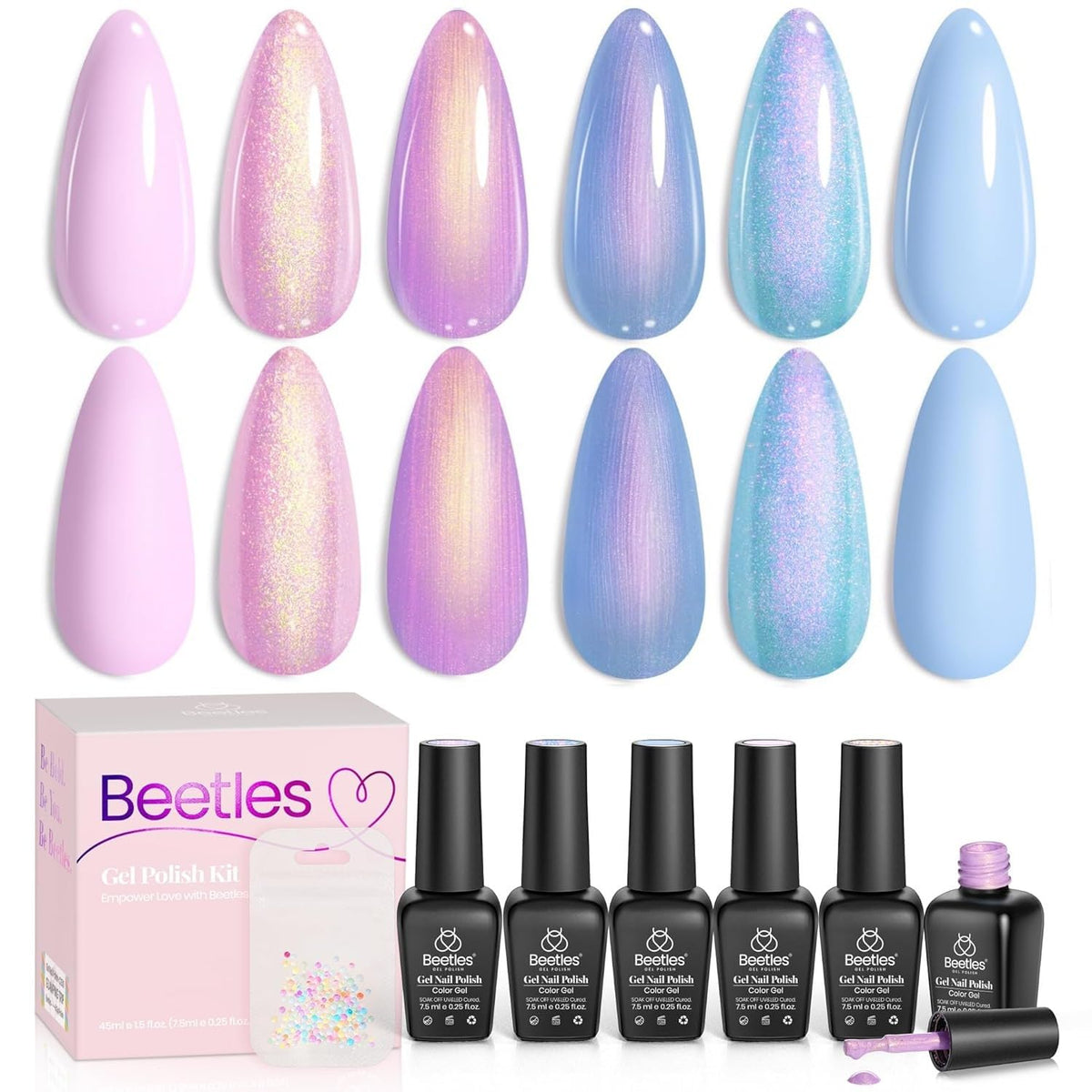 beetles front packaging showing six gel polish bottles and benefits of variety