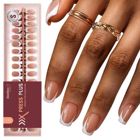 Beetles Gel Polish front packaging showing 224-piece brown French tips and complete set benefits