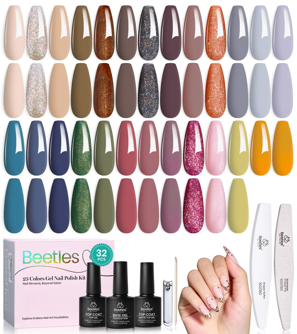 Beetles front packaging showing 25 colors and included top coats for gifting