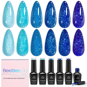 Beetles front packaging showing six glacier blue gel bottles and value