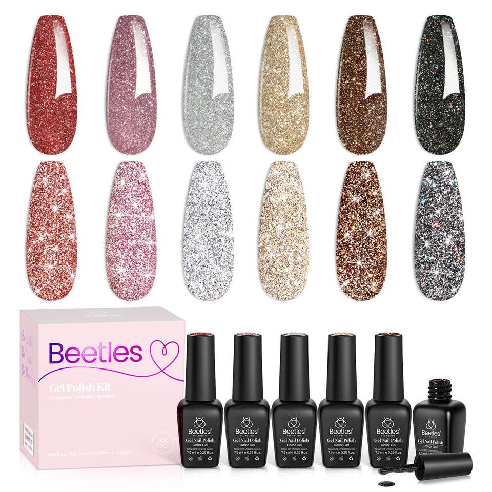 beetles front packaging showing six glitter gel bottles and colorful shimmer set benefits