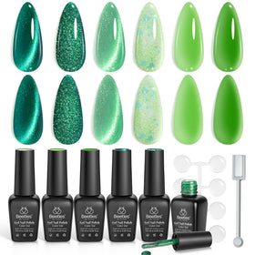Beetles Gel Polish front packaging showing six green shades and kit benefit