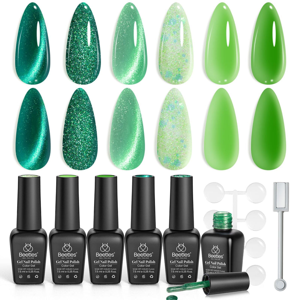 Beetles Gel Polish front packaging showing six green shades and kit benefit
