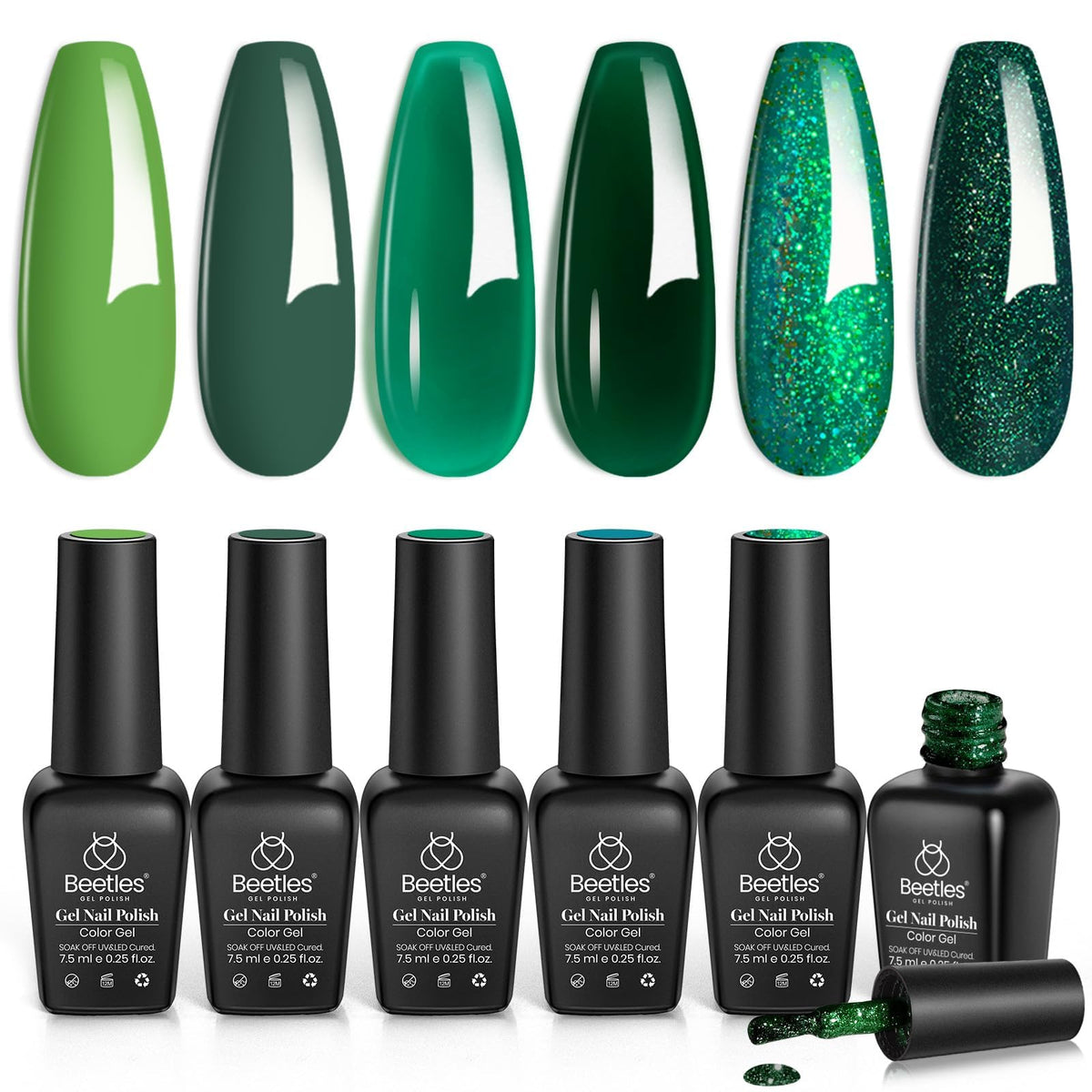 Beetles front packaging showing six green gel polish bottles and branding benefit clear selection