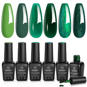 Beetles front packaging showing six green gel polish bottles and branding benefit clear selection