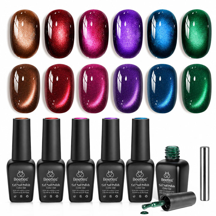 Beetles Gel Polish front packaging showing six festive shades and gift box benefit