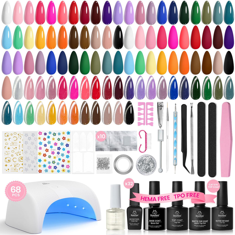 beetles Gel Polish front packaging showing full 68-piece kit and benefits