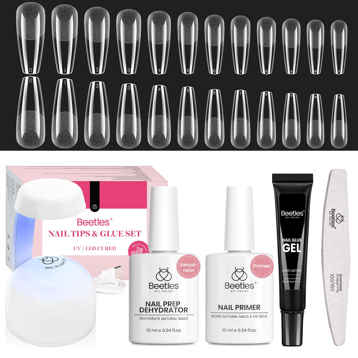 Beetles front packaging showing complete long coffin gel nail kit benefits