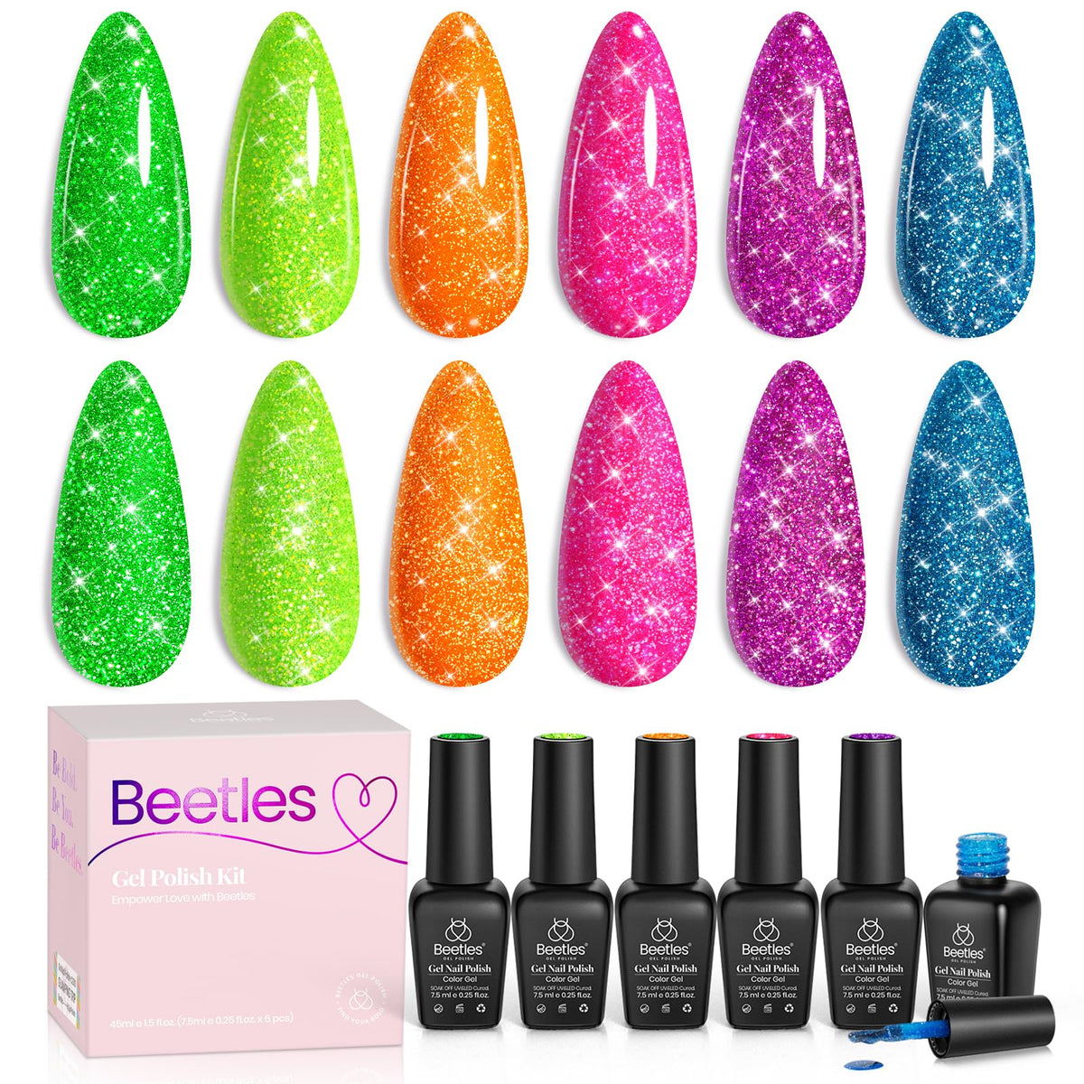 Beetles front packaging showing six neon reflective gel bottles for vibrant manicures