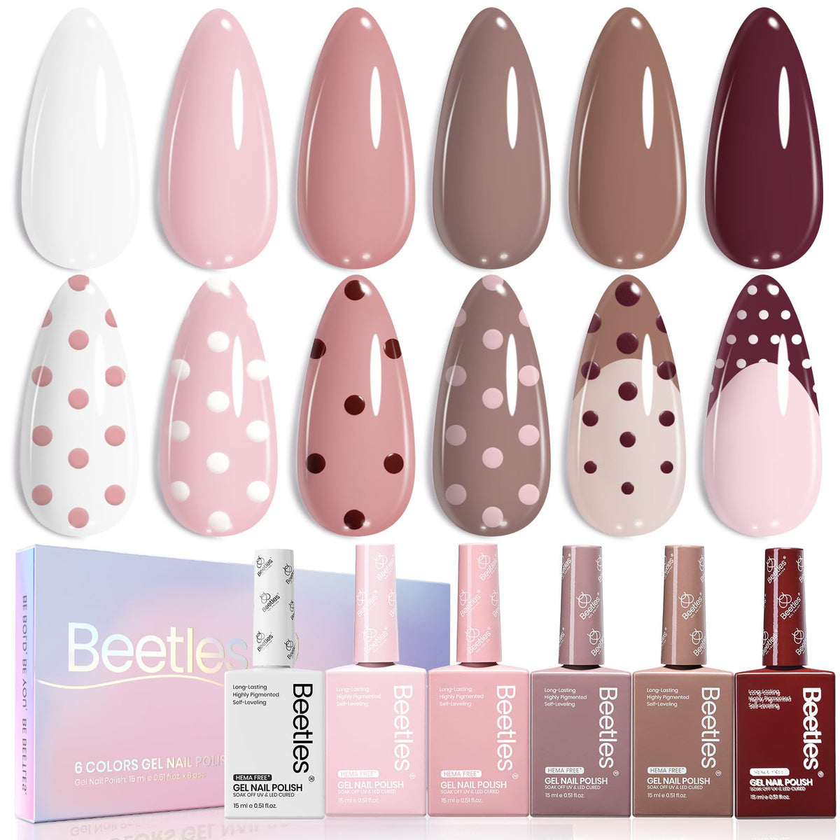 beetles front packaging of the six-color neutral gel set showing organized bottles and palette, easy selection
