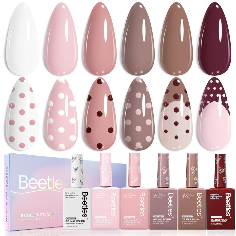 beetles front packaging of the six-color neutral gel set showing organized bottles and palette, easy selection