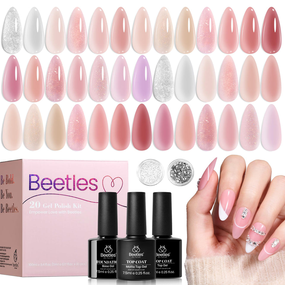 beetles front packaging showing full nude pink gel kit and easy storage benefit