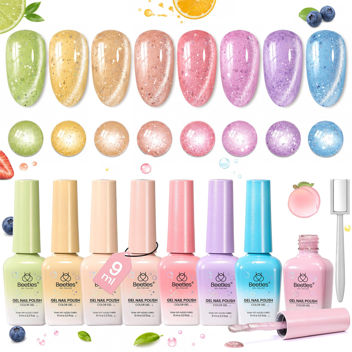 Beetles front packaging showing eight pastel bottles and kit benefits
