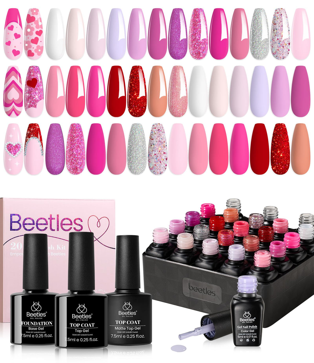 Beetles front packaging of 20 pink gel polish set showing variety and gift-ready look