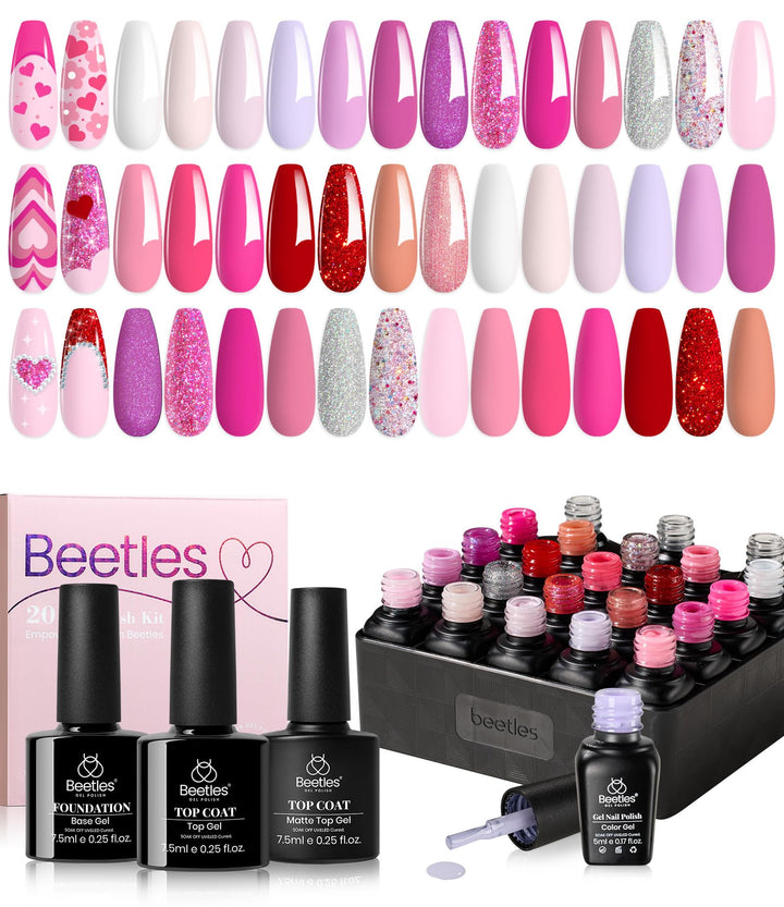 Beetles front packaging of 20 pink gel polish set showing variety and gift-ready look