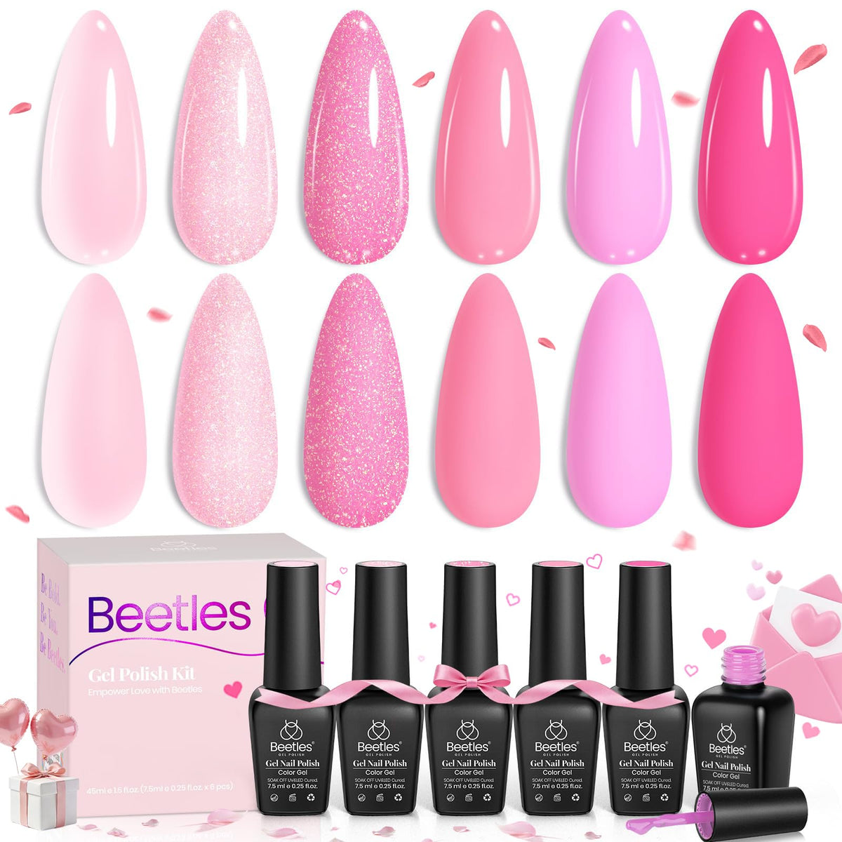 Beetles front packaging showing six pink gel bottles and labels, clear presentation benefit