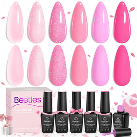 Beetles front packaging showing six pink gel bottles and labels, clear presentation benefit