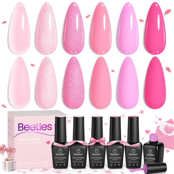 Beetles front packaging showing six pink gel bottles and labels, clear presentation benefit